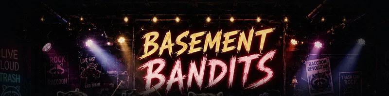 The Basement Bandits neon sign glowing over the stage between string lights and stage washes