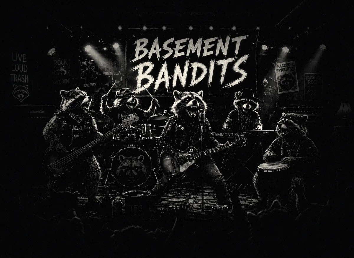 The Basement Bandits mid-set in bone-on-ink duotone, the crowd's hands up in front of the basement stage