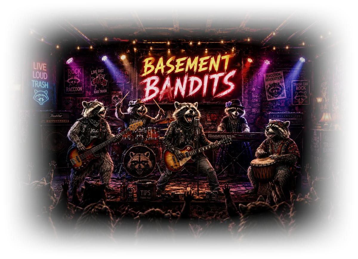 Illustration of the Basement Bandits as five raccoons playing a packed basement stage