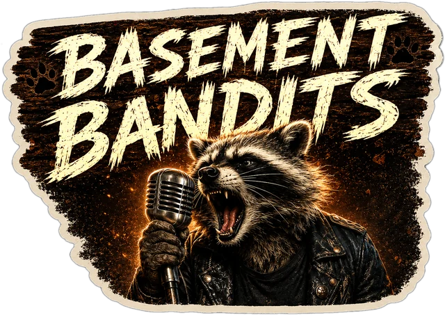 Basement Bandits logo: a raccoon in a leather jacket singing into a vintage microphone