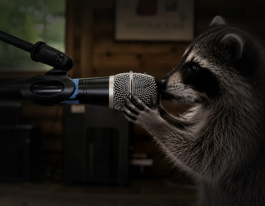 Rocket, the rescued raccoon the band is named after, at a microphone in the basement rehearsal room
