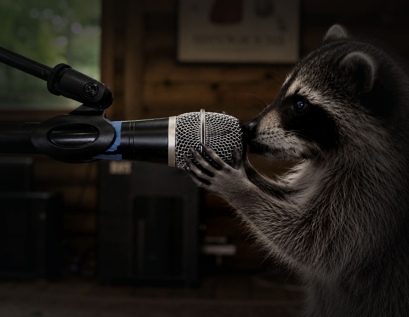 Rocket, a young rescued raccoon, at a microphone in the band's basement rehearsal room